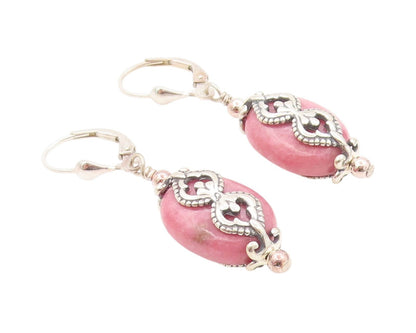 925 Sterling Silver Vintage Earrings Modernist Pink Gemstone Carved  EG13448