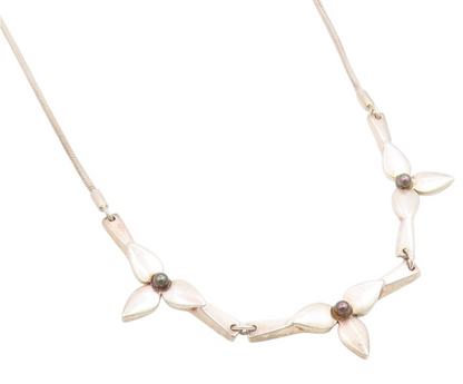 925 Sterling Silver Vintage Necklace Pearl Modernist Botanical Petal Link NE4859