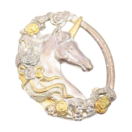 925 Sterling Silver Vintage Pendant GORHAM Two Tone Unicorn Floral Motif PT25897