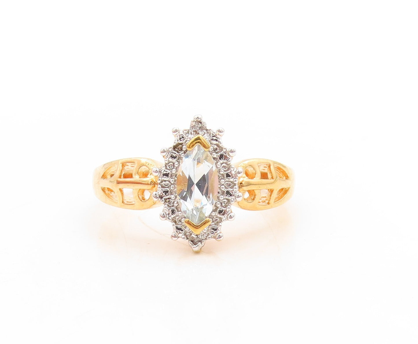 925 Sterling Silver Vintage Ring Gold Plated Marquise Cut CZ Inlay Sz 8  RG31564