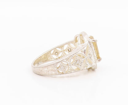 925 Sterling Silver Vintage Ring Rectangle Cut Citrine Halo CZ  Sz 7  RG33226