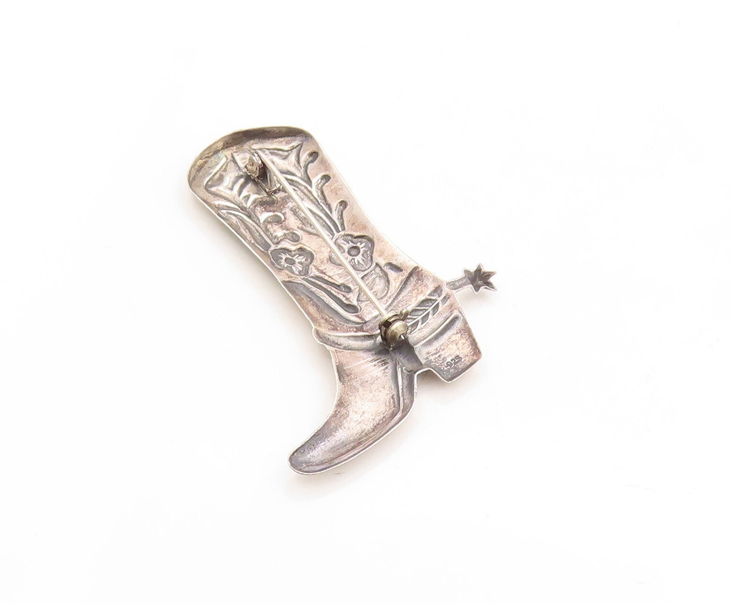 925 Sterling Silver Vintage Brooch Pin Solid Floral Design Carved Boots  BP11332