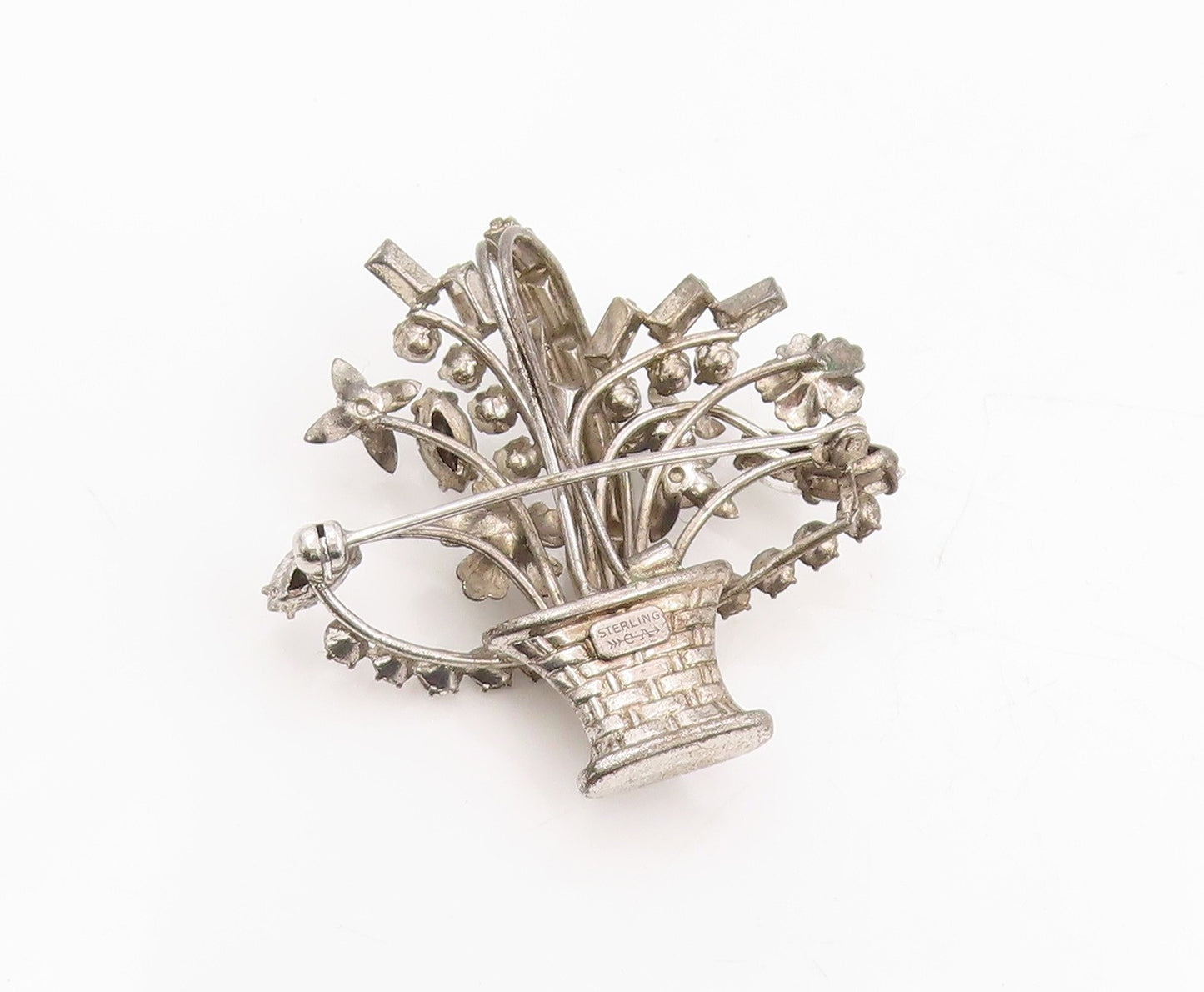 925 Sterling Silver Vintage Brooch CARL ART Topaz Etched Floral Basket  BP12002