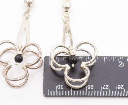 925 Sterling Silver Vintage Earrings MEXICO Modernist Drop Onyx Flower  EG13577