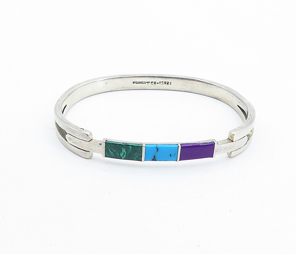 MEXICO 925 Silver Vintage Malachite Turquoise & Sugilite Bracelet BT2518