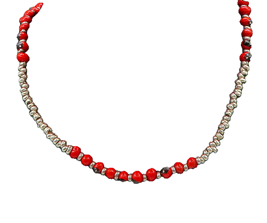 925 Sterling Silver  Vintage Red Enamel Beaded Pattern Chain Necklace  NE3652