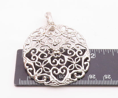 925 Sterling Silver  Vintage Shiny Floral Love Heart Pattern Pendant  PT19098