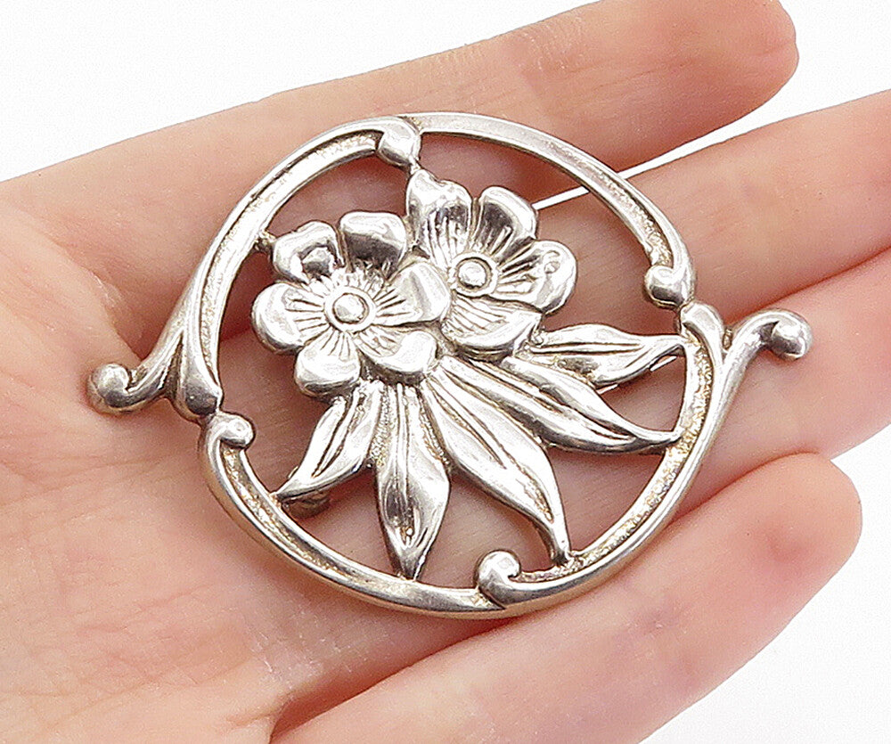 925 Sterling Silver  Vintage Shiny Double Flower Round Brooch Pin  BP2679
