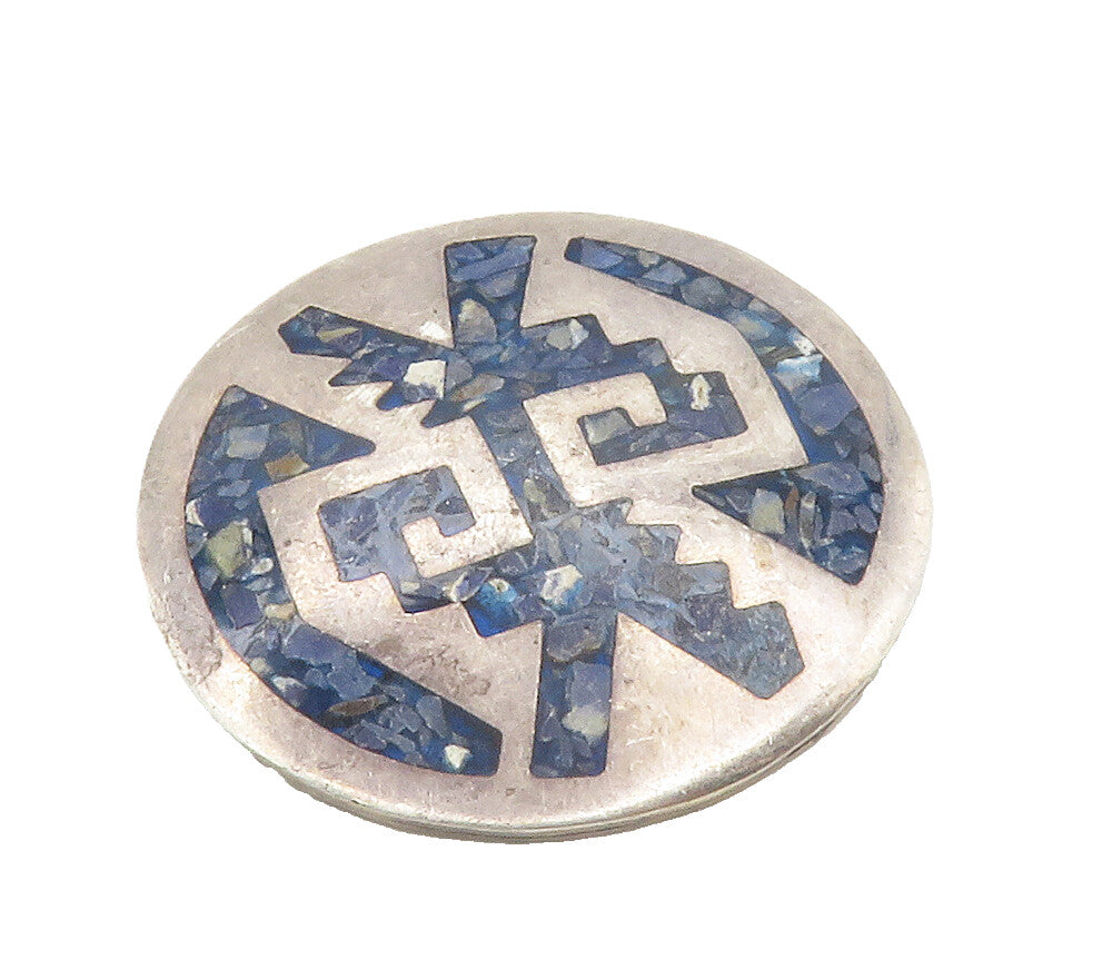 MEXICO 925 Sterling Silver  Vintage Inlaid Blue Turquoise Brooch Pin  BP5896