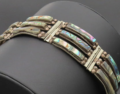 AP MEXICO 925 Silver  Vintage Strip Cut Beaded Abalone Solid Bracelet  BT10113