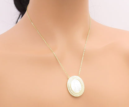 925 Sterling Silver Vintage Necklace Gold Plated Mother Of Pearl Mary  NE4896