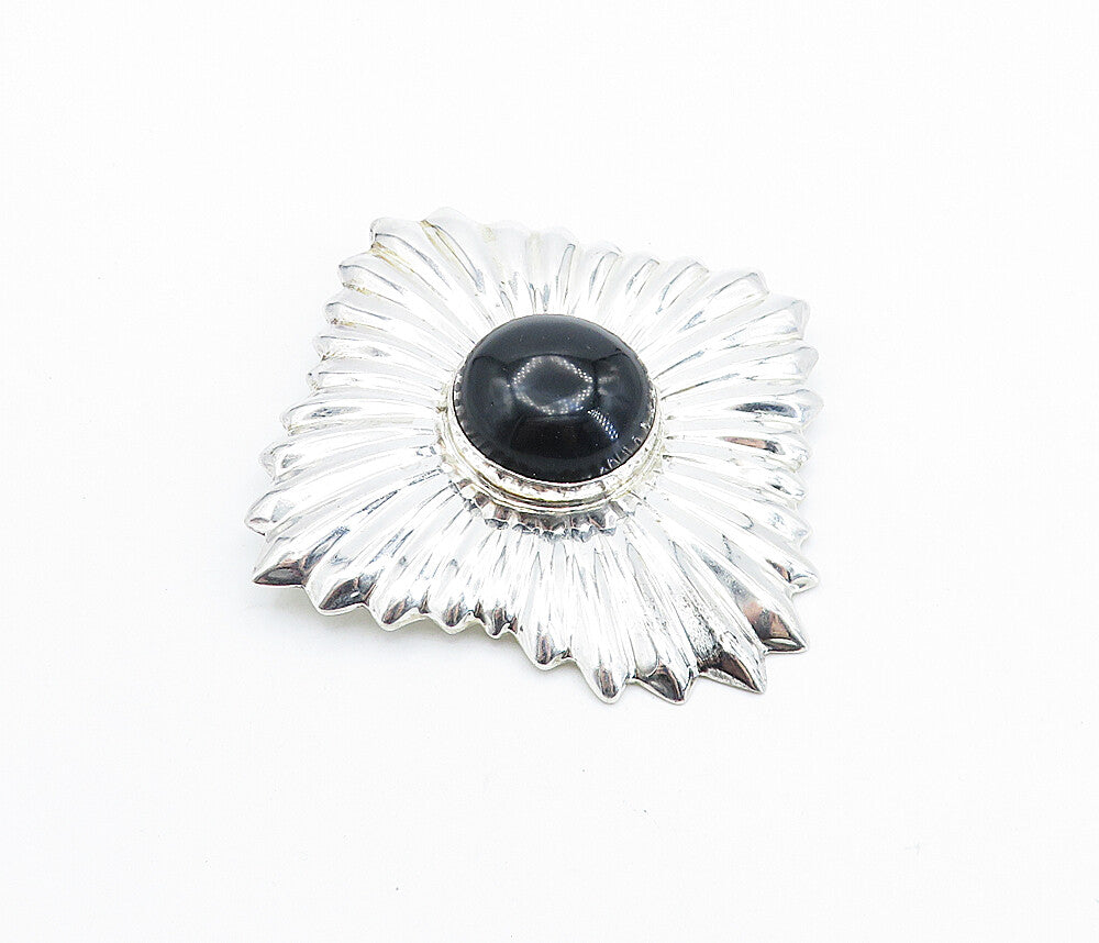 MEXICO 925 Sterling Silver  Vintage Black Onyx Shiny Fluted Brooch Pin  BP2617