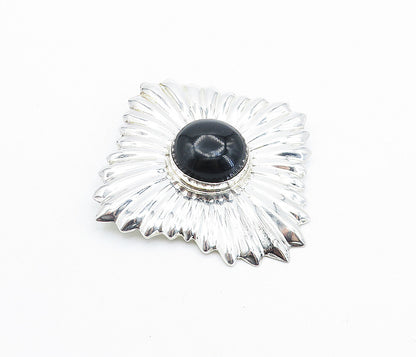 MEXICO 925 Sterling Silver  Vintage Black Onyx Shiny Fluted Brooch Pin  BP2617