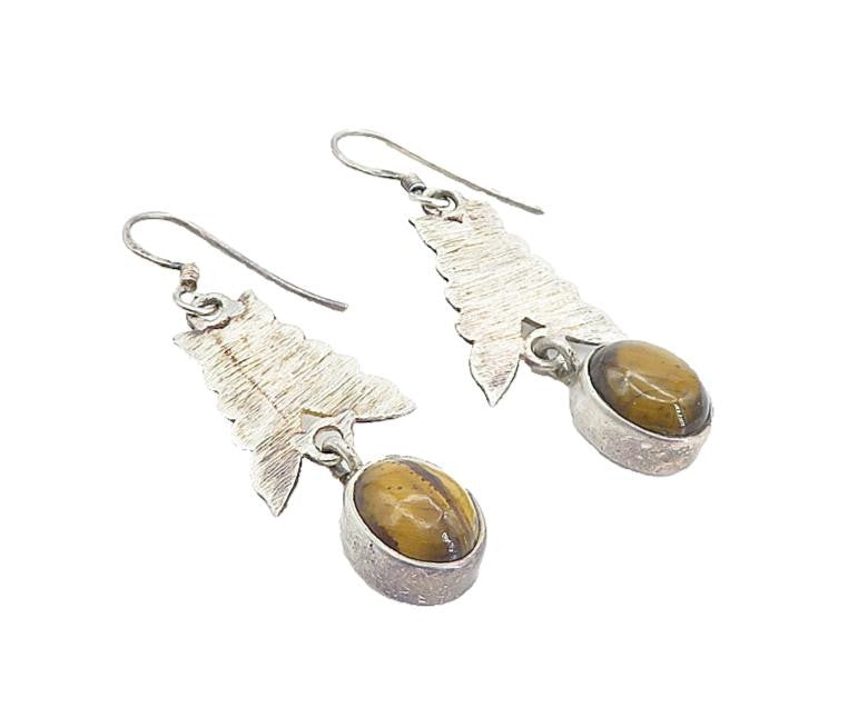 925 Sterling Silver  Vintage Tiger's Eye Butterfly Dangle Earrings  EG3638