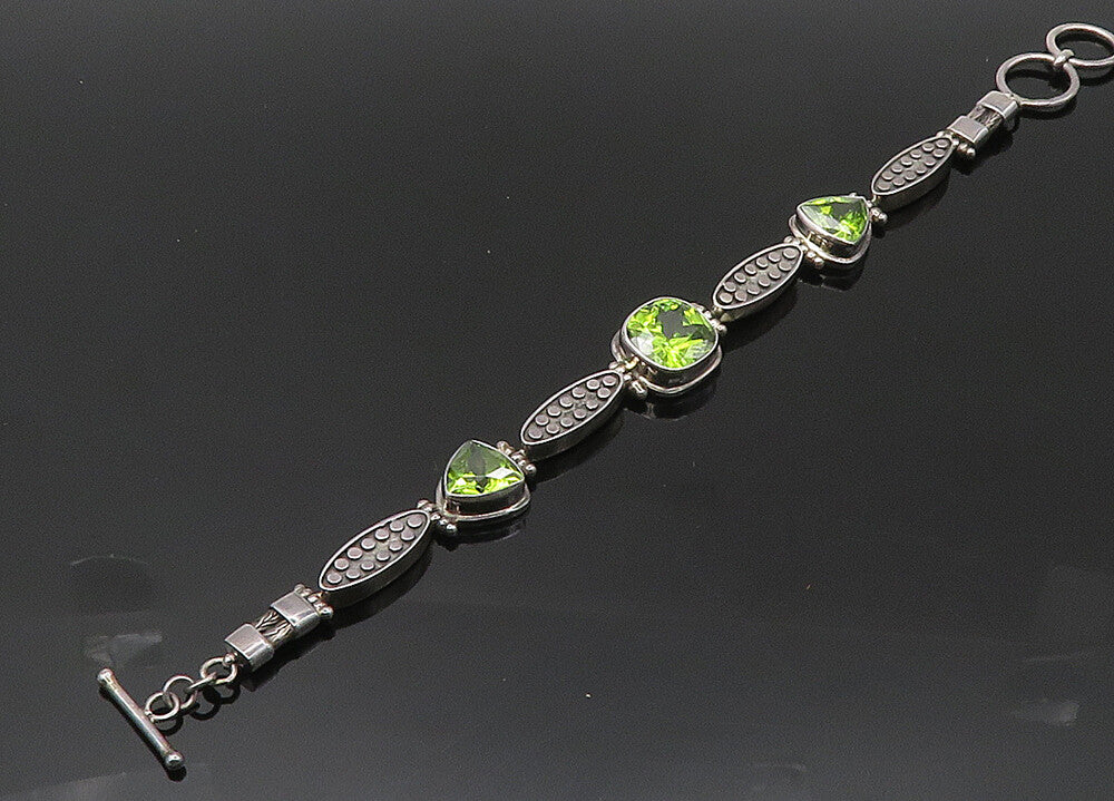 925 Sterling Silver  Vintage Peridot Circle Pattern Chain Bracelet  BT8398