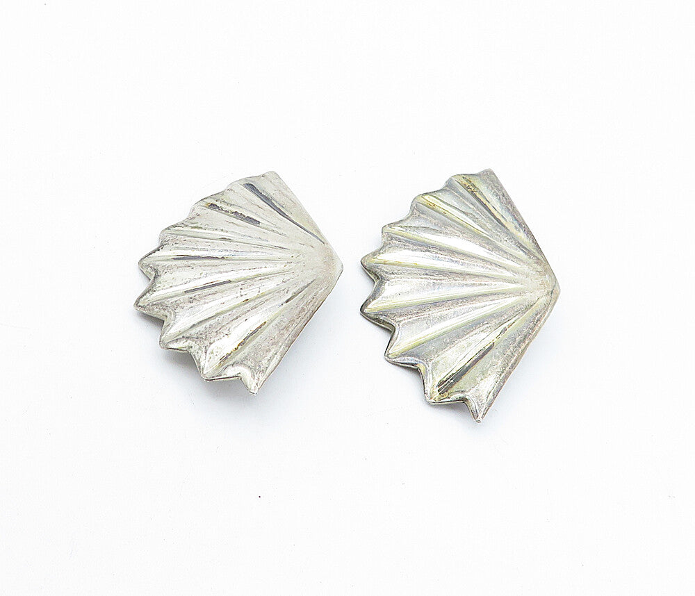 MEXICO 925 Sterling Silver Vintage Shiny Fan Style Non Pierce Earrings EG2235
