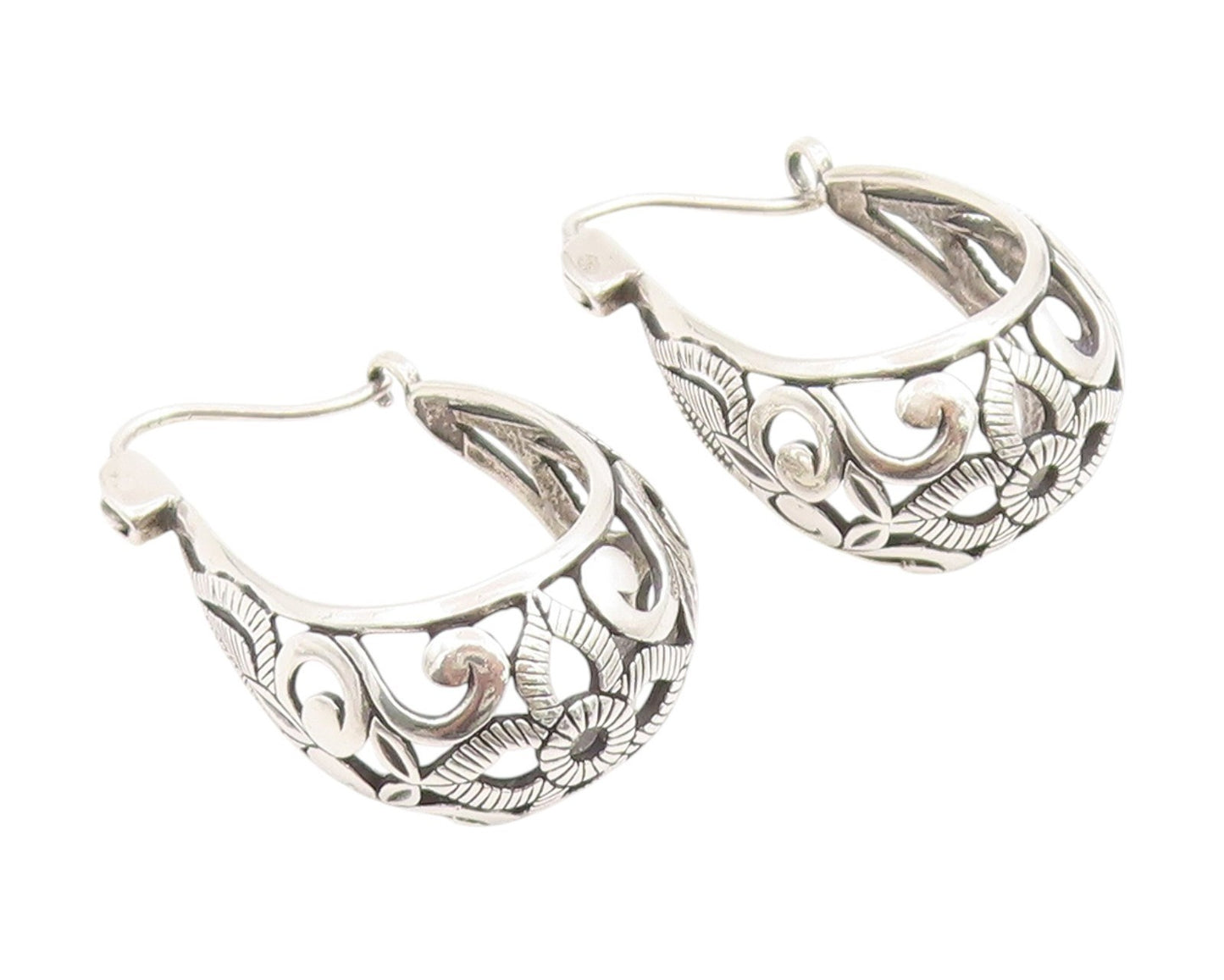 925 Sterling Silver Vintage Earrings Swirly Floral Petal Cut Out Hoops  EG13782