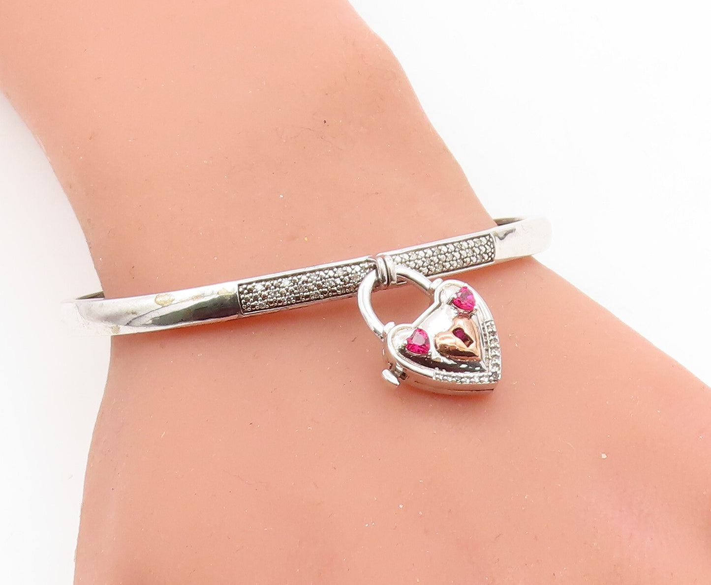 925 Silver  Ruby & Genuine Diamonds Padlock Charm Bangle Bracelet  BT3018