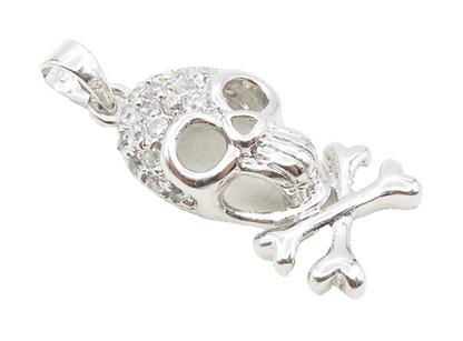 925 Sterling Silver  Petite Shiny Topaz Skull & Cross Bones Pendant  PT7841