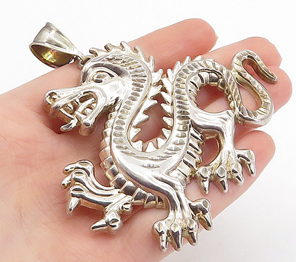 925 Sterling Silver  Vintage Shiny Diamond Cut Dragon Motif Pendant  PT5621