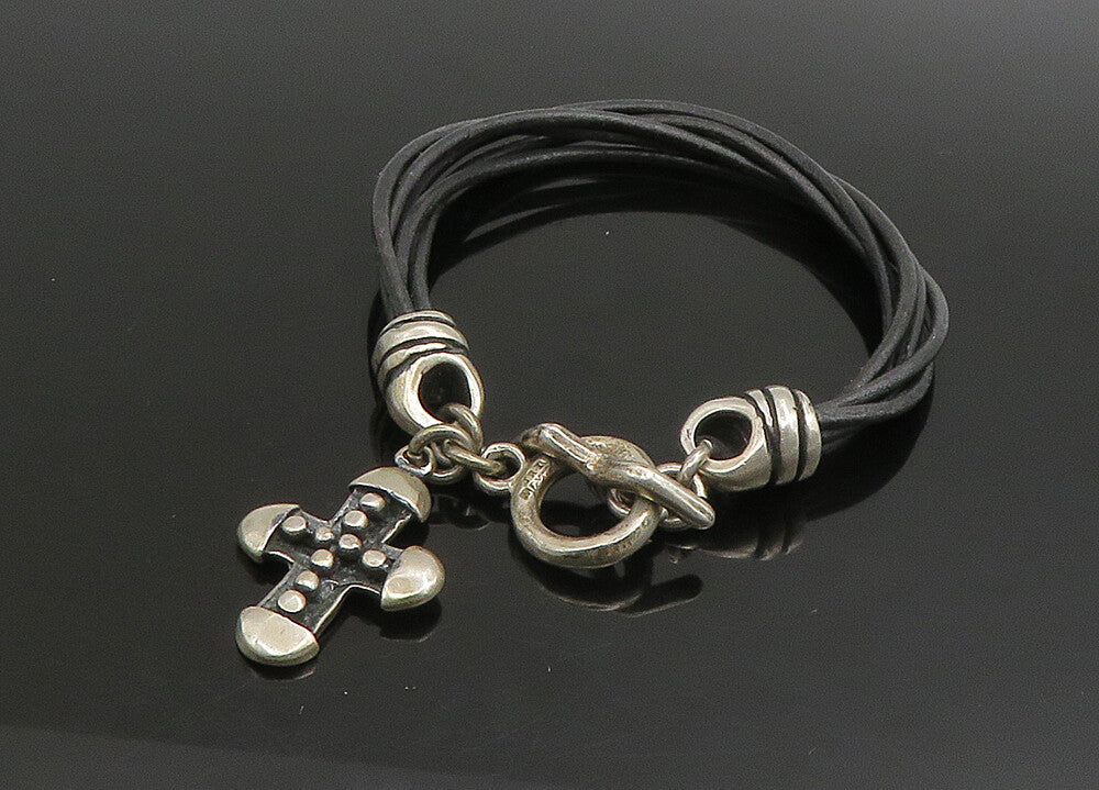 JRI MEXICO 925 Silver   Vintage Religious Cross Leather Rope Bracelet  BT9099