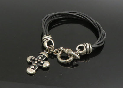 JRI MEXICO 925 Silver   Vintage Religious Cross Leather Rope Bracelet  BT9099