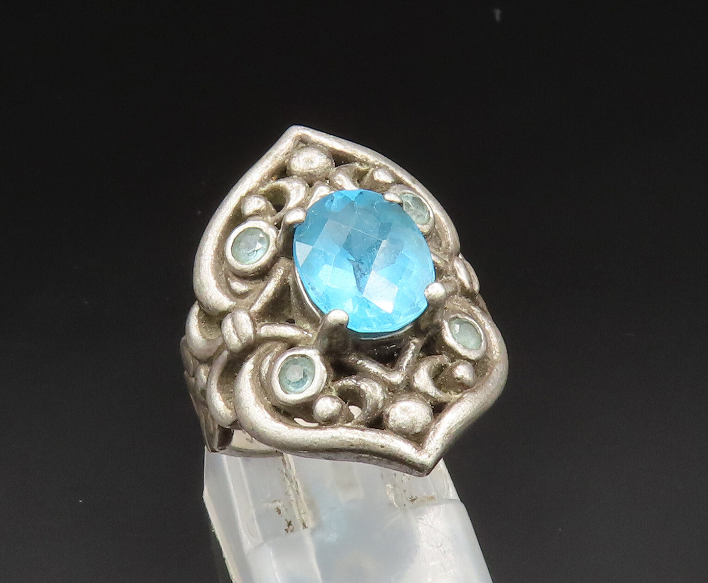 925 Silver  Vintage Paraiba Tourmaline & Topaz Scroll Ring Sz 7  RG25002