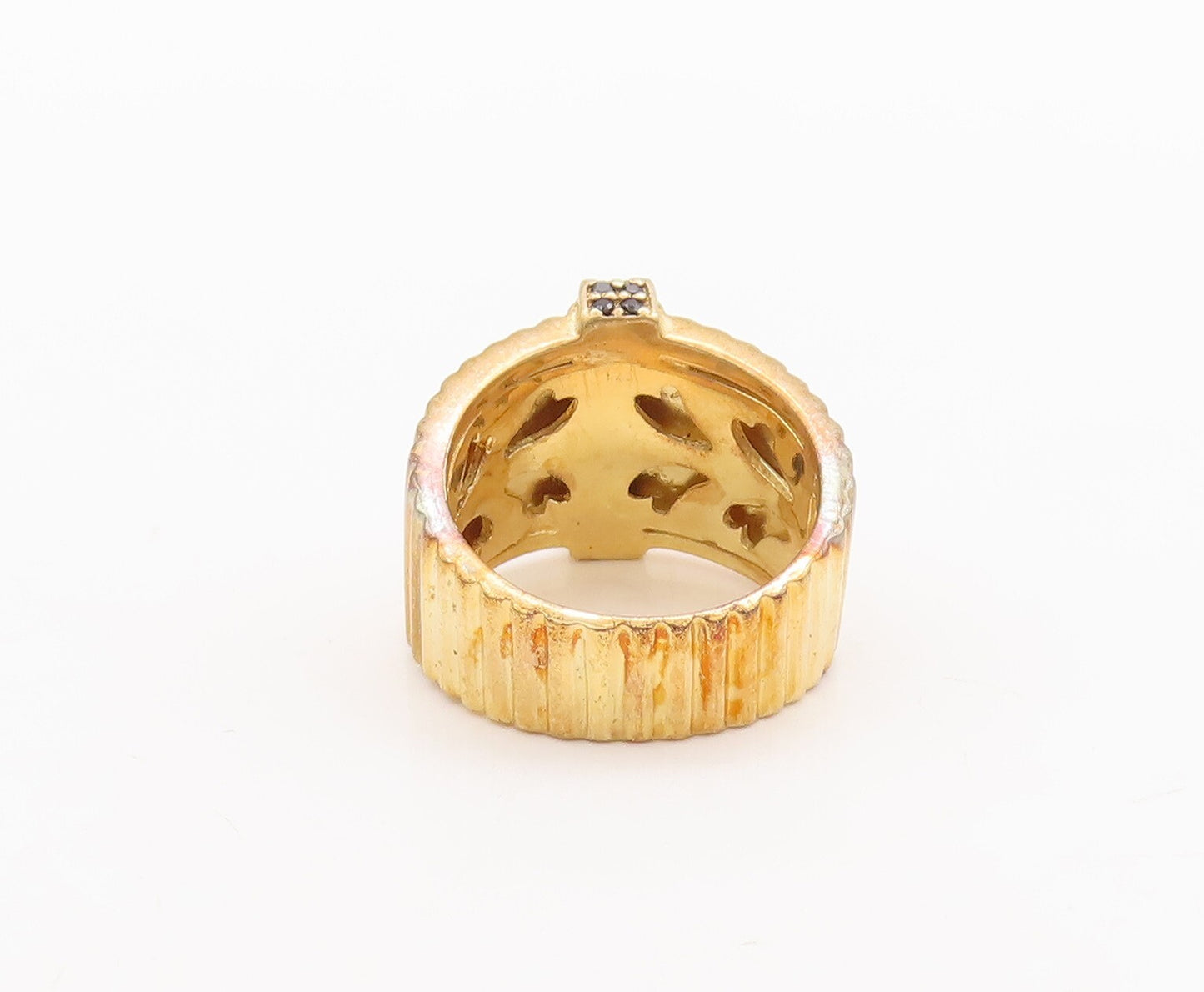 925 Sterling Silver Vintage Ring Gold Plated Fence Grooved Spinel Sz 7.5 RG29622