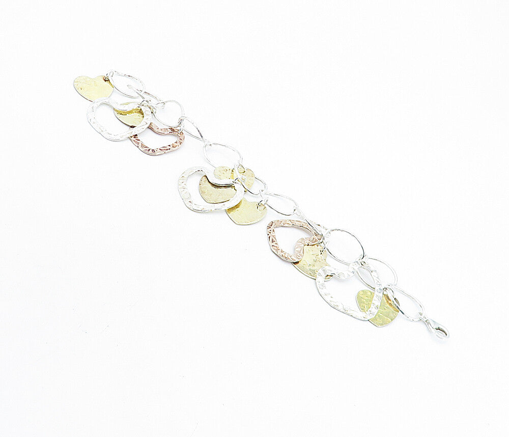 925 Sterling Silver  Vintage 2 Tone Heart Love Charmed Chain Bracelet  BT3066