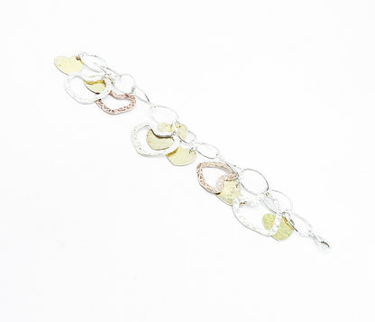 925 Sterling Silver  Vintage 2 Tone Heart Love Charmed Chain Bracelet  BT3066