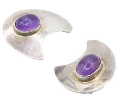 MEXICO 925 Sterling Silver Vintage Cabochon Amethyst Non Pierce Earrings EG7465