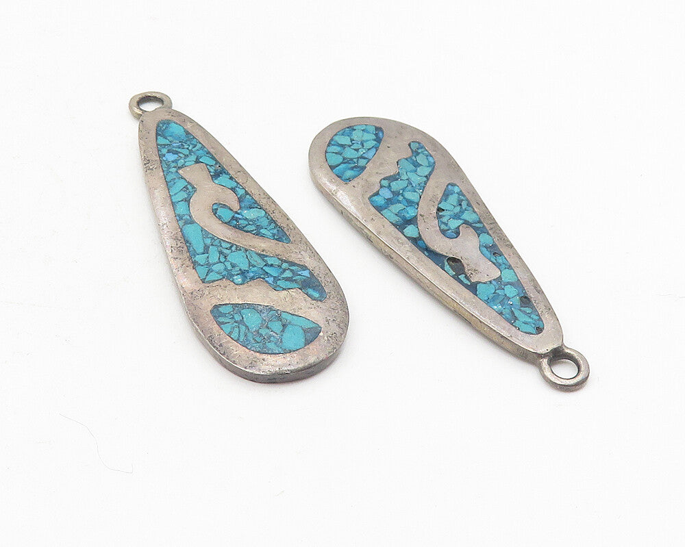 MEXICO 925 Sterling Silver  Vintage Crushed Turquoise Dangle Earrings  EG6109