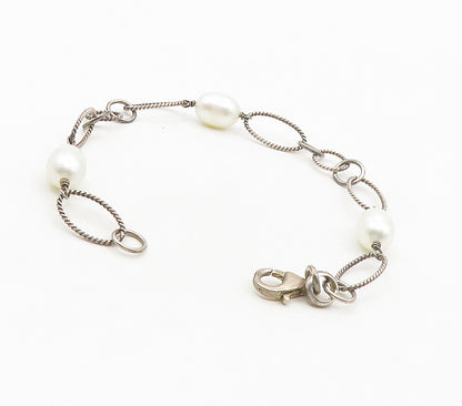 925 Sterling Silver  Vintage Pearls Oval Twist Link Chain Bracelet  BT6136