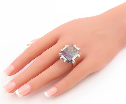 925 Sterling Silver Vintage Ring Large Mystic Topaz & CZ Band  Sz 7  RG34129