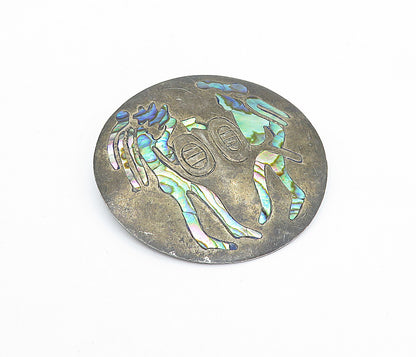 MEXICO 925 Sterling Silver Vintage Inlaid Abalone Shell Brooch Pin BP1332