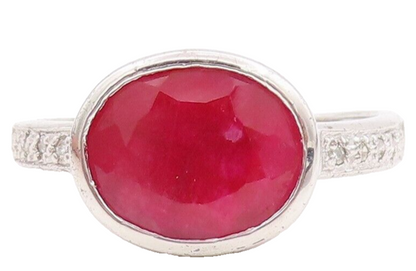 925 Sterling Silver Vintage Ring Oval Ruby Inlay Real Diamonds  Sz 7  RG29018