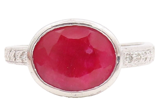 925 Sterling Silver Vintage Ring Oval Ruby Inlay Real Diamonds  Sz 7  RG29018