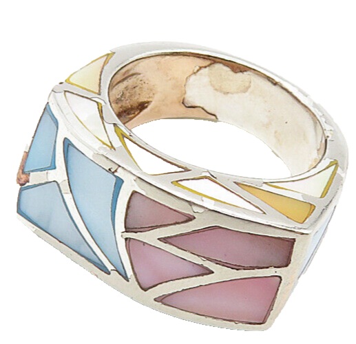 925 Sterling Silver  Vintage Mother Of Pearl Mosaic Band Ring Sz 6  RG8855
