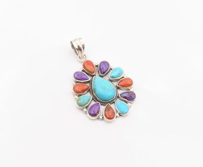 925 Sterling Silver Vintage Pendant Cabochon Gemstone Floral Cluster  PT26352