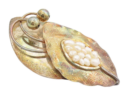 925 Sterling Silver Vintage Brooch Pin Designer Leaf Amorphas Pearls  BP10950