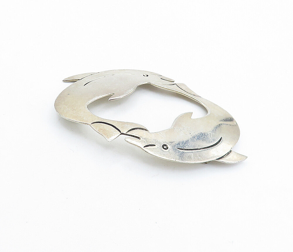 MEXICO 925 Sterling Silver  Vintage Double Dolphin Love Brooch Pin  BP2379