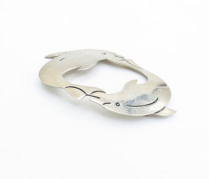 MEXICO 925 Sterling Silver  Vintage Double Dolphin Love Brooch Pin  BP2379