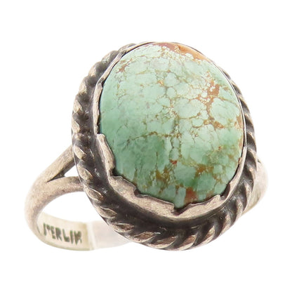 925 Sterling Silver Vintage Ring Green Turquoise Halo Rope Edge  Sz 8.5  RG34196