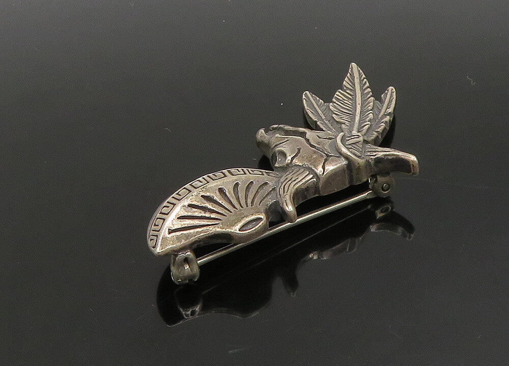 925 Sterling Silver  Vintage Dark Tone Bull Skull & Feathers Brooch Pin BP9084