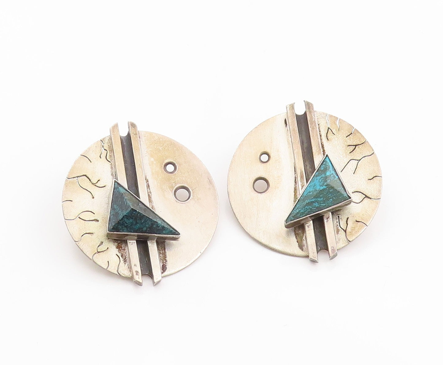 925 Sterling Silver Vintage Earrings Turquoise Modernist Geometric Disc  EG14353