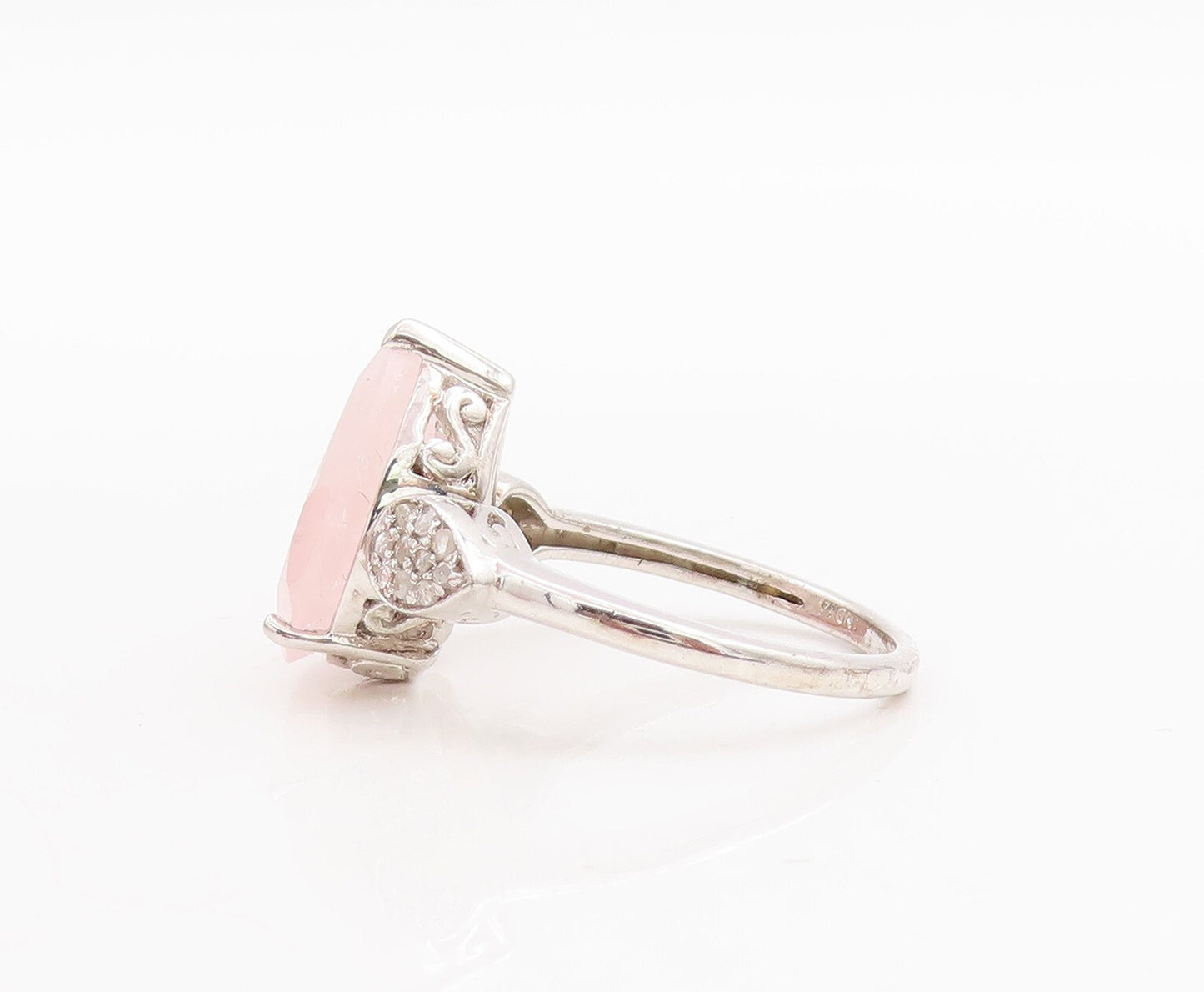 925 Sterling Silver Vintage Ring Drop Cut Rose Quartz & Diamonds  Sz 8  RG29235