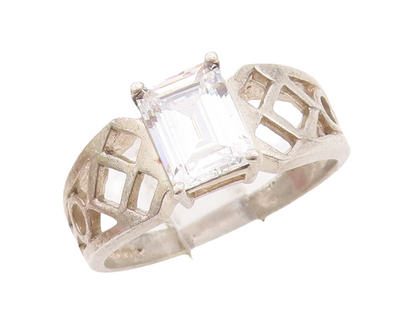 925 Sterling Silver Vintage Ring Net Cutout Neck Square CZ  Sz 9 RG28887