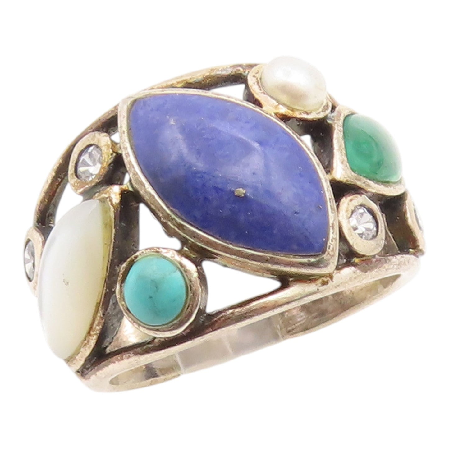 925 Sterling Silver Vintage Ring Classic Multi Gemstone Band  Sz 7.5  RG36063