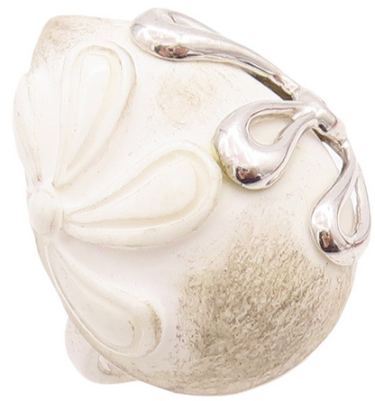 925 Sterling Silver Vintage Ring Flower Carved White Gemstone  Sz 10.5  RG28636