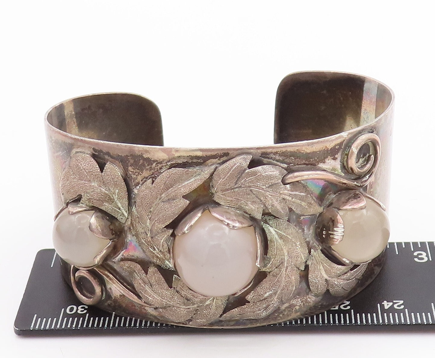 925 Sterling Silver Vintage Bracelet Cabochon Gemstone Floral Cuff  BT10701